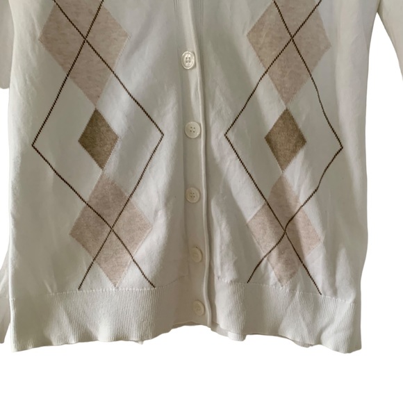 Van Heusen Argyle Knit Cardigan Women Size Small Cream Brown Cotton V Neck - Picture 3 of 10